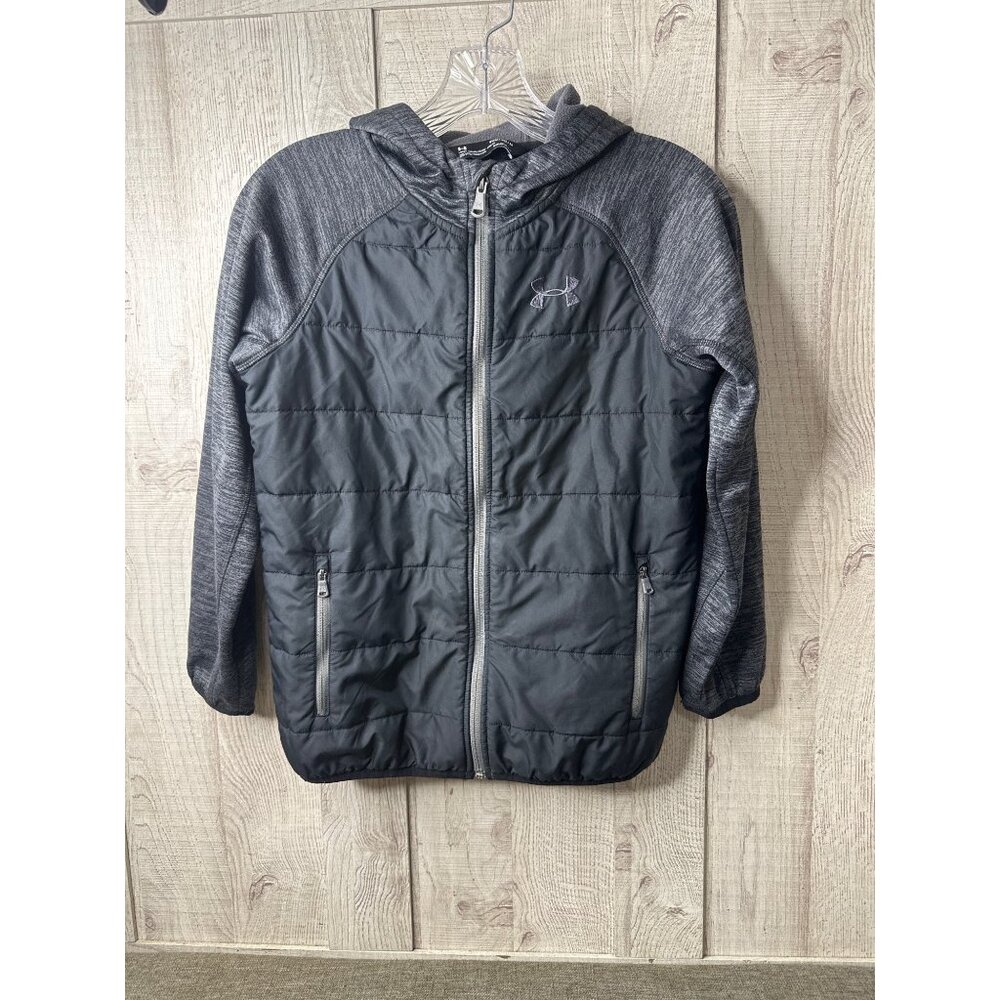 Under Armour Youth Medium Cold Gear Black & Gray Hooded Full Zip Jacket Pockets